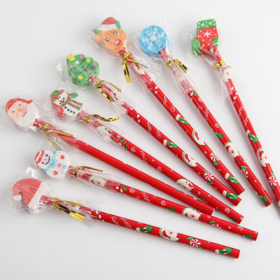 Children School Supplies Christmas Cartoon Eraser Pencil Set with Red Wood Pencils