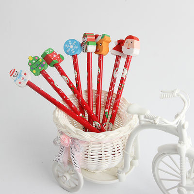 Children School Supplies Christmas Cartoon Eraser Pencil Set with Red Wood Pencils