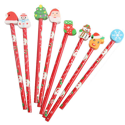 Children School Supplies Christmas Cartoon Eraser Pencil Set with Red Wood Pencils