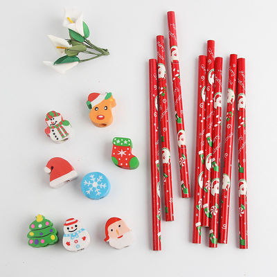 Children School Supplies Christmas Cartoon Eraser Pencil Set with Red Wood Pencils