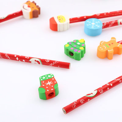 Children School Supplies Christmas Cartoon Eraser Pencil Set with Red Wood Pencils